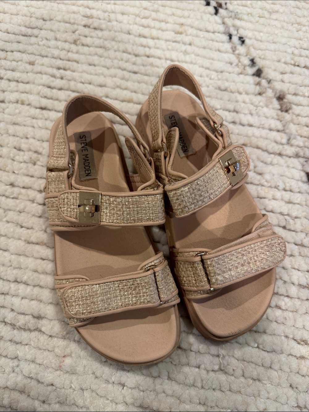 Steve Madden Mona Beige Woven Strap Sandals with Gold Buckles